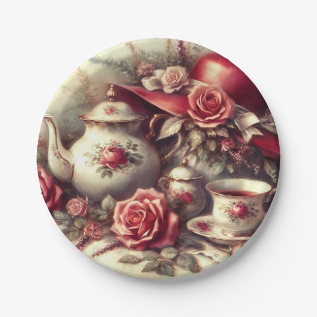 Vintag Tee Party Rote Rose Teapot Pappteller (Vorderseite)