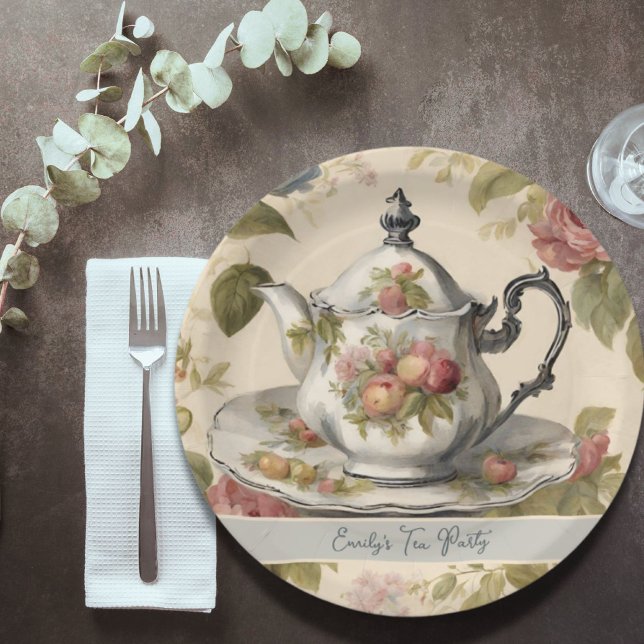 Vintag Teekanne Flora Brautparty Tee Party Pappteller (Vintage Teapot Floral Bridal Shower Tea Party Paper Plates)