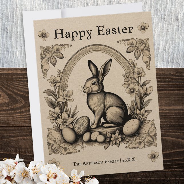 Vintag Themed Ostersonnige Personalisierte Begrüßu Feiertagskarte (A delightful personalized Easter card with picture of a rabbit with eggs and flowers)