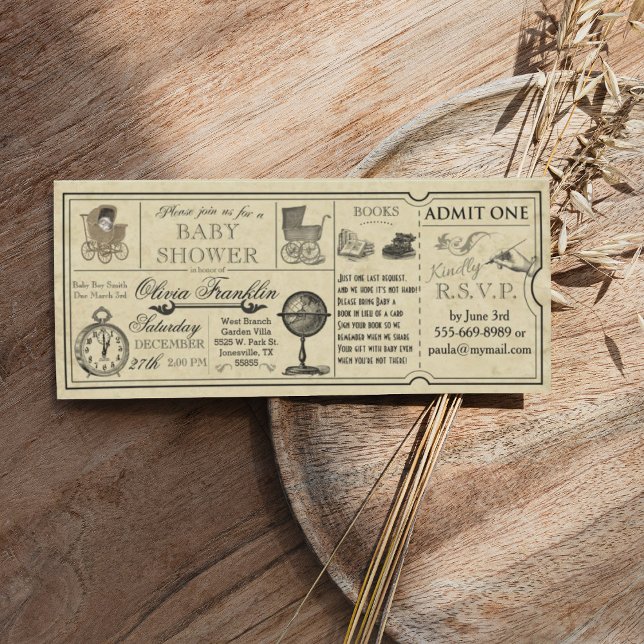 Vintag Ticket Baby Shower Einladung (Vintage ticket wedding invitation with globe carriage clock)