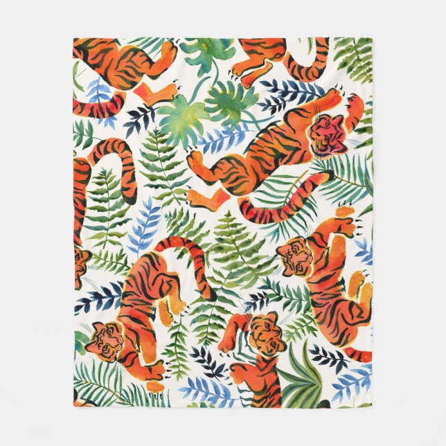 Vintag Tiger Dschungel Wasserfarbe Fleecedecke (Vorderseite)