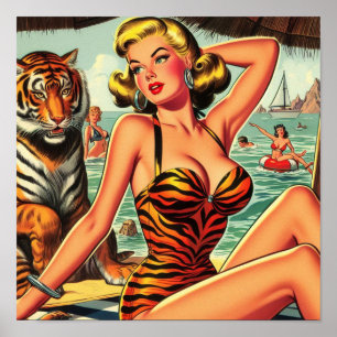 Vintag Tiger Print Girl Poster