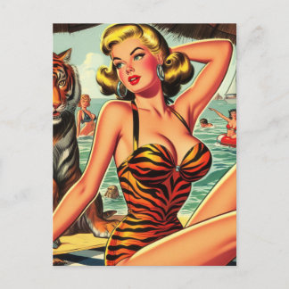 Vintag Tiger Print Girl Postkarte