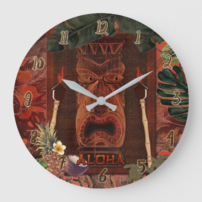 Vintag Tiki Aloha Hawaiian Tropical Island Große Wanduhr (Vorderseite)