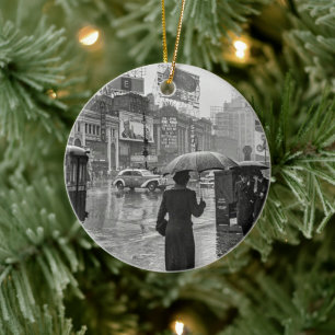 Vintag Times Square NYC Rainy Day Keramik Ornament