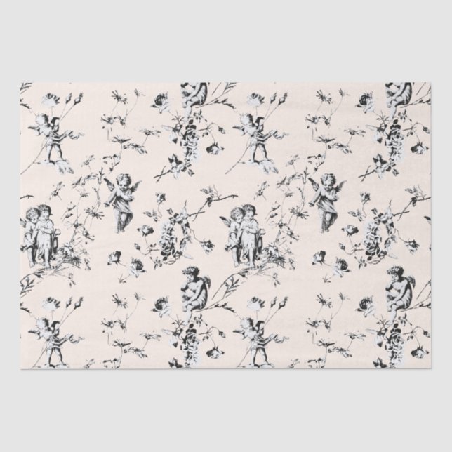 Vintag Toile Engelchen Schwarze Creme Seidenpapier (Vorderseite)