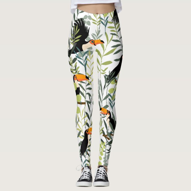 Vintag Toucans Green Blätter Muster Leggings (Vorderseite)