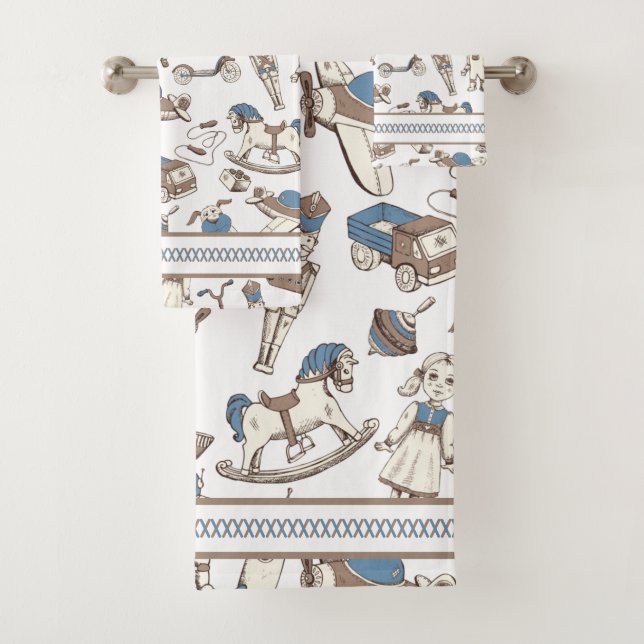 Vintag Toy Pattern Blau/braun ID783 Badhandtuch Set (Insitu)
