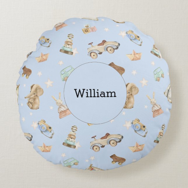 Vintag Toys Baby Boy Kinderzimmer Blue Rundes Kissen (Vorderseite)