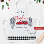 Vintag Truck Merry Little Christmas Buffalo Karier Schürze<br><div class="desc">Herrliche, individuelle Holiday Schürze mit eigenem Familiennamen oder eigener Botschaft und exquisit handgemalt Aquarell Winterlandschaft des Waldes, Vintager roter LKW mit Weihnachtsbäumen und der Phrase "Frohe kleine Weihnachten" in rot-schwarz Kalligraphie und Blocktypografie. Dekorative Rahmen unten im Buffalo kariert-Stil mit weißem und schwarzem karierten Muster. Ein einzigartiges Geschenk, das Sie schätzen...</div>