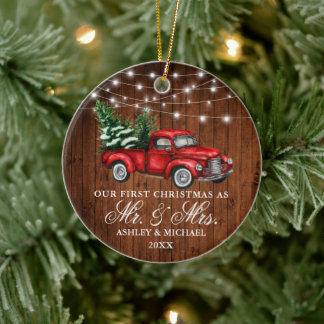 Vintag Truck Wood Lights Mr. Mrs. Christmas Keramik Ornament