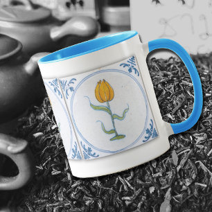 Vintag Tulip Tile Art Blue White Coffee Tasse