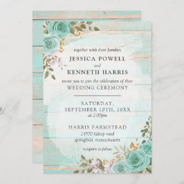 Vintag Türkis Rustikale Rose Hochzeit aus Holz Einladung