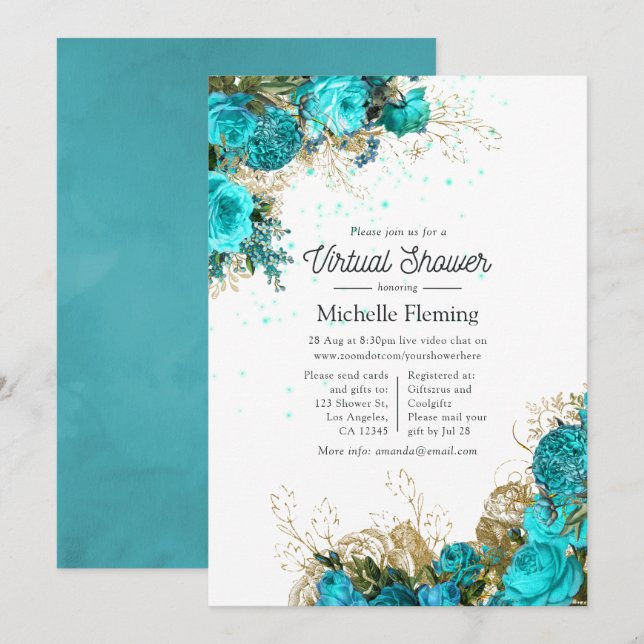 Vintag Türkis und Gold Virtual Baby Dusche Einladung (Vorne/Hinten)