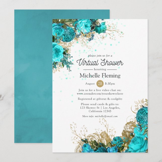 Vintag Türkis- und Golddusche Einladung (Vorne/Hinten)