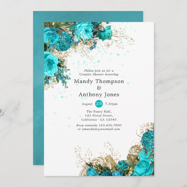 Vintag türkisfarben und goldfarbener Polterabend Einladung (Vorne/Hinten)