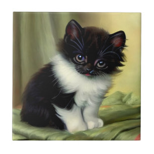 Vintag Tuxedo Kitten Illustration Fliese