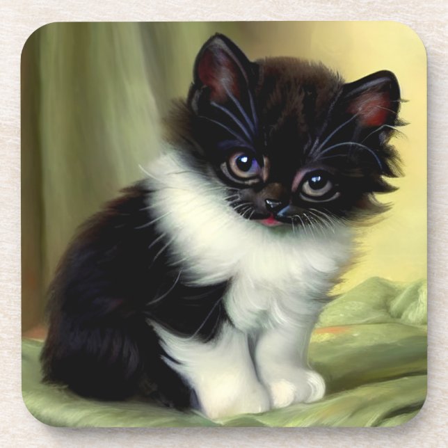 Vintag Tuxedo Kitten Illustration Getränkeuntersetzer (Vorderseite)