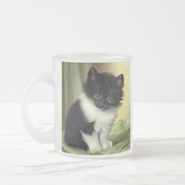 Vintag Tuxedo Kitten Illustration Mattglastasse (Links)