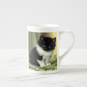 Vintag Tuxedo Kitten Illustration Prozellantasse
