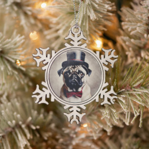 Vintag Tuxedo Mops Schneeflocken Zinn-Ornament