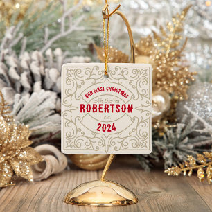 Vintag Unser Verheirateter Name für die erste Weih Keramikornament