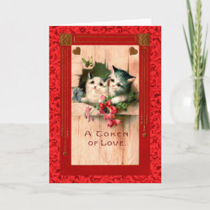 Vintag Valentine Gray Kittens & Heartens Feiertagskarte