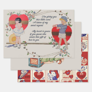 Vintag Valentine Kinder Niedliche Farbenfrohe Kuns Geschenkpapier Set