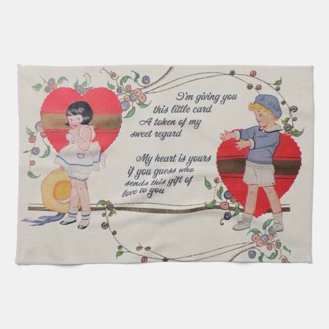 Vintag Valentine Kinder Niedliche Farbenfrohe Kuns Geschirrtuch (Horizontal)