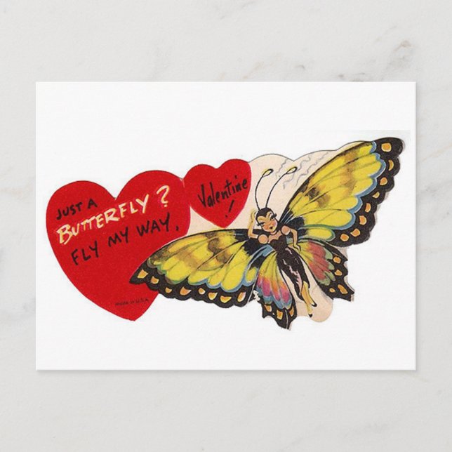 Vintag Valentine Lady Butterfly Hearts Feiertagspostkarte (Vorderseite)