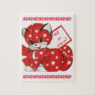 Vintag Valentine Marry Me Red Cat Hearts Vorschlag Puzzle