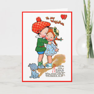 Vintag Valentine Niedlich Girl & Boy mit Hund Karte