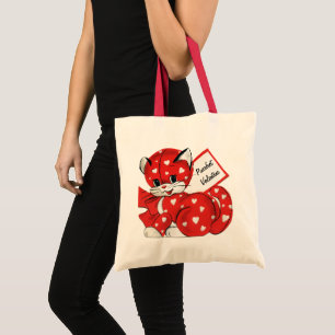 Vintag Valentine Red Cat White Hearts Retro Liebe Tragetasche