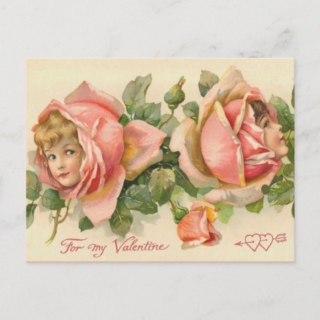 Vintag Valentine Rosa Fee Postkarte (Vorderseite)