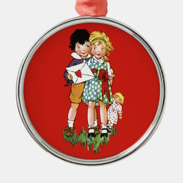 Vintag Valentine Silbernes Ornament (Vorne)