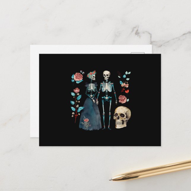 Vintag Valentine Skeleton Collage Postkarte (Vorderseite/Rückseite Beispiel)