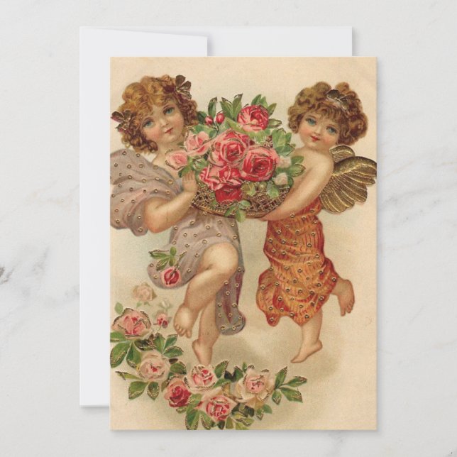Vintag Valentines Cherubs Holding Blume Feiertagskarte (Vorderseite)