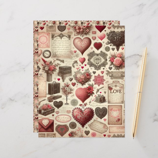 Vintag Valentines Ephemera Scrapbook Paper (Vorderseite/Rückseite Beispiel)