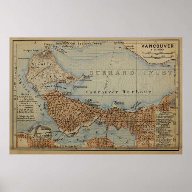Vintag Vancouver Canada Map (1907) Poster (Vorne)