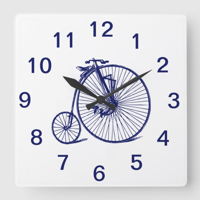 Vintag Velocipede Penny Farthing Bicycle Blu Quadratische Wanduhr (Vorderseite)
