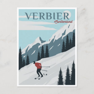 Vintag Verbier Schweiz Reisen Aquarell Postkarte