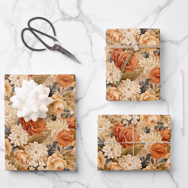 Vintag verbrannte orange-beige Blume Geschenkpapier Set (Vorderseite)
