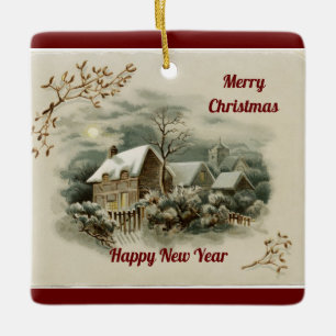Vintag Village Scene Keramik Ornament