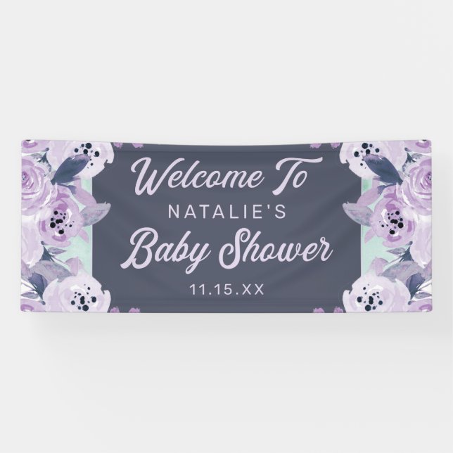 Vintag-violette Blumen Kinderdusche Begrüßung Banner (Horizontal)