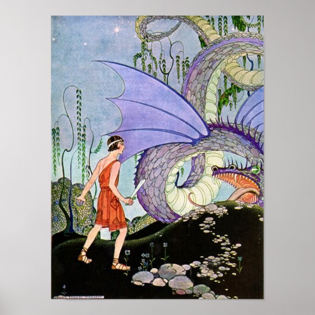 Vintag Virginia Sterrett Dragon trifft Krieger Poster (Vorne)