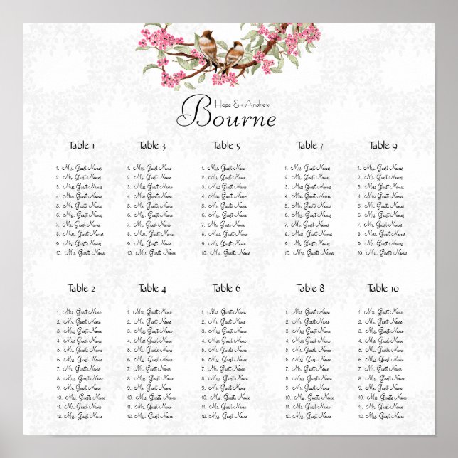 Vintag-Vogel-Rosa-Sitztabelle 12 Tabellen Poster (Vorne)