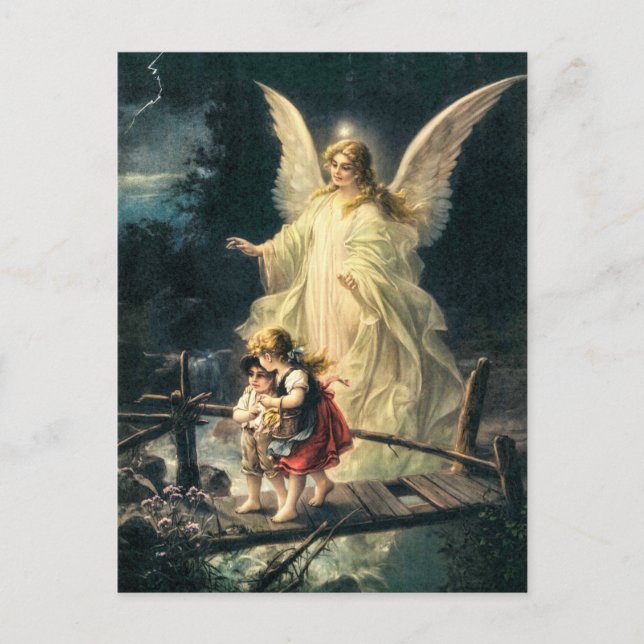 Vintag Wächter Engel und Kinder auf Brücke Postkarte (Vorderseite)