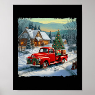 Vintag Wagenroter Lkw Frohe Weihnachtsbaumschnee Poster