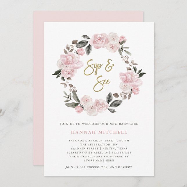 Vintag | Wasserfarbsieb blush and see Einladung (Vorne/Hinten)