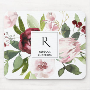 VINTAG WEISS, BLUSH PINK BURGUNDY PROTEA FLORAL MOUSEPAD
